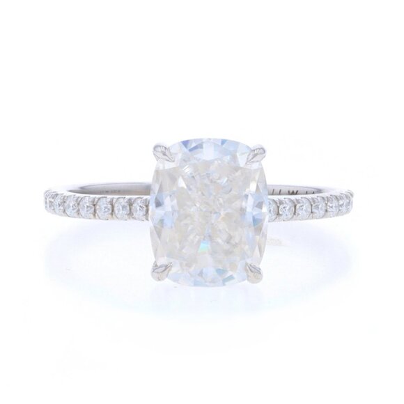 White Gold Moissanite Hidden Halo Engagement Ring -14k Cushion 6.52ctw Cathedral